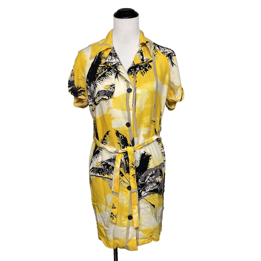 Made Fashion Week for Impulse Women XS Yellow Palm Print Belted Shirt Dress